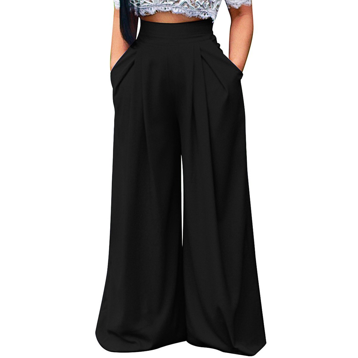 Wide Leg Pleat Front Palazzo Pants-Black-Theone Apparel