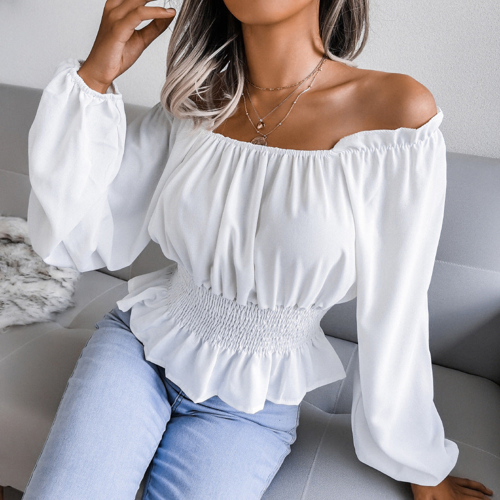 Women's Off the Shoulder Cinched Waist Long Sleeved Blouse-White-Theone Apparel