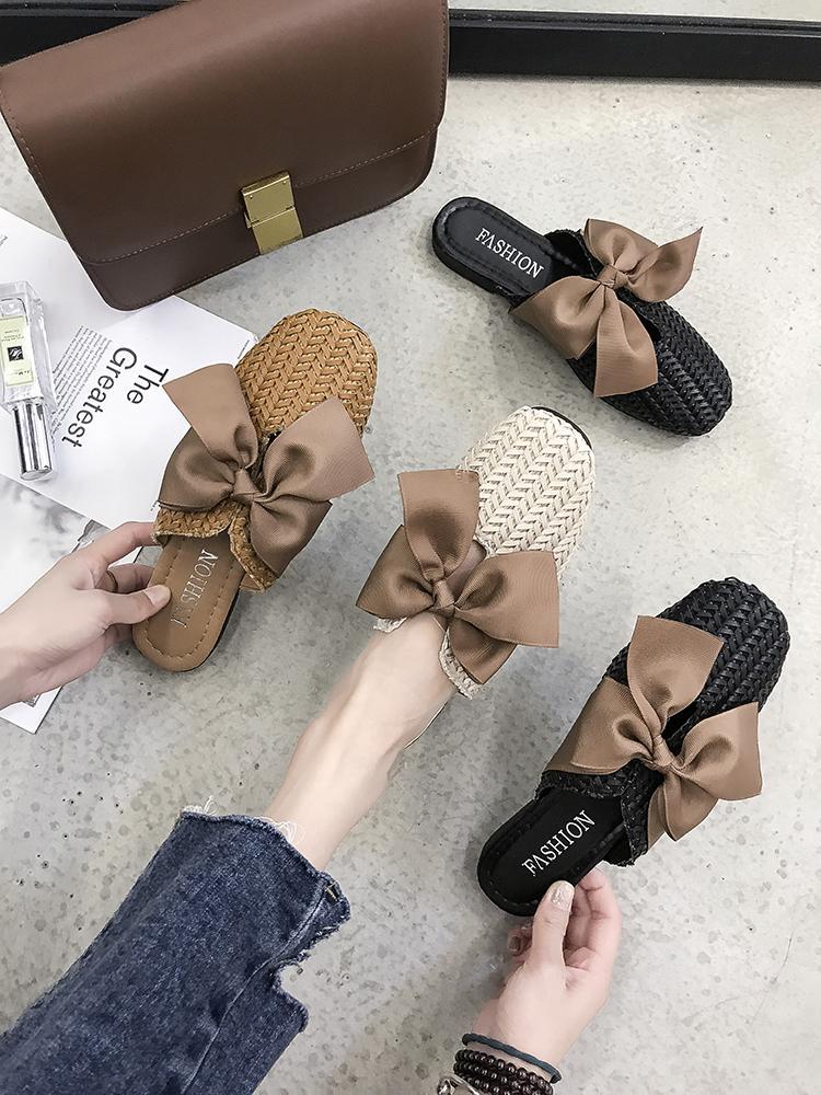 Woven Bow Top Slip On Sandals