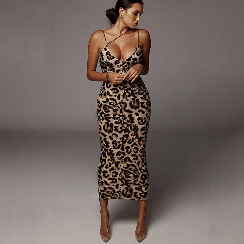 Animal Print Spaghetti Strap V-Neck Midi Dress - THEONE APPAREL