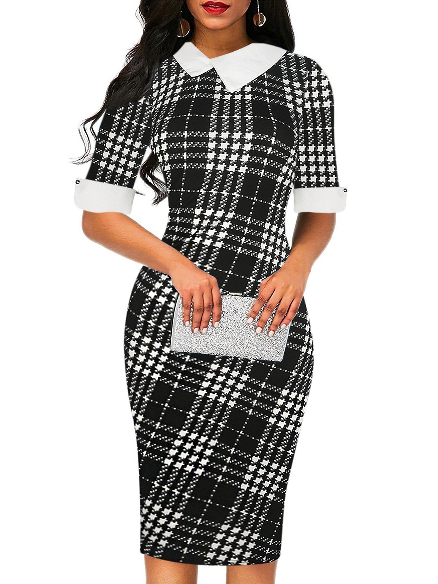 Asymmetrical Contrast Collar Fitted Dress - THEONE APPAREL