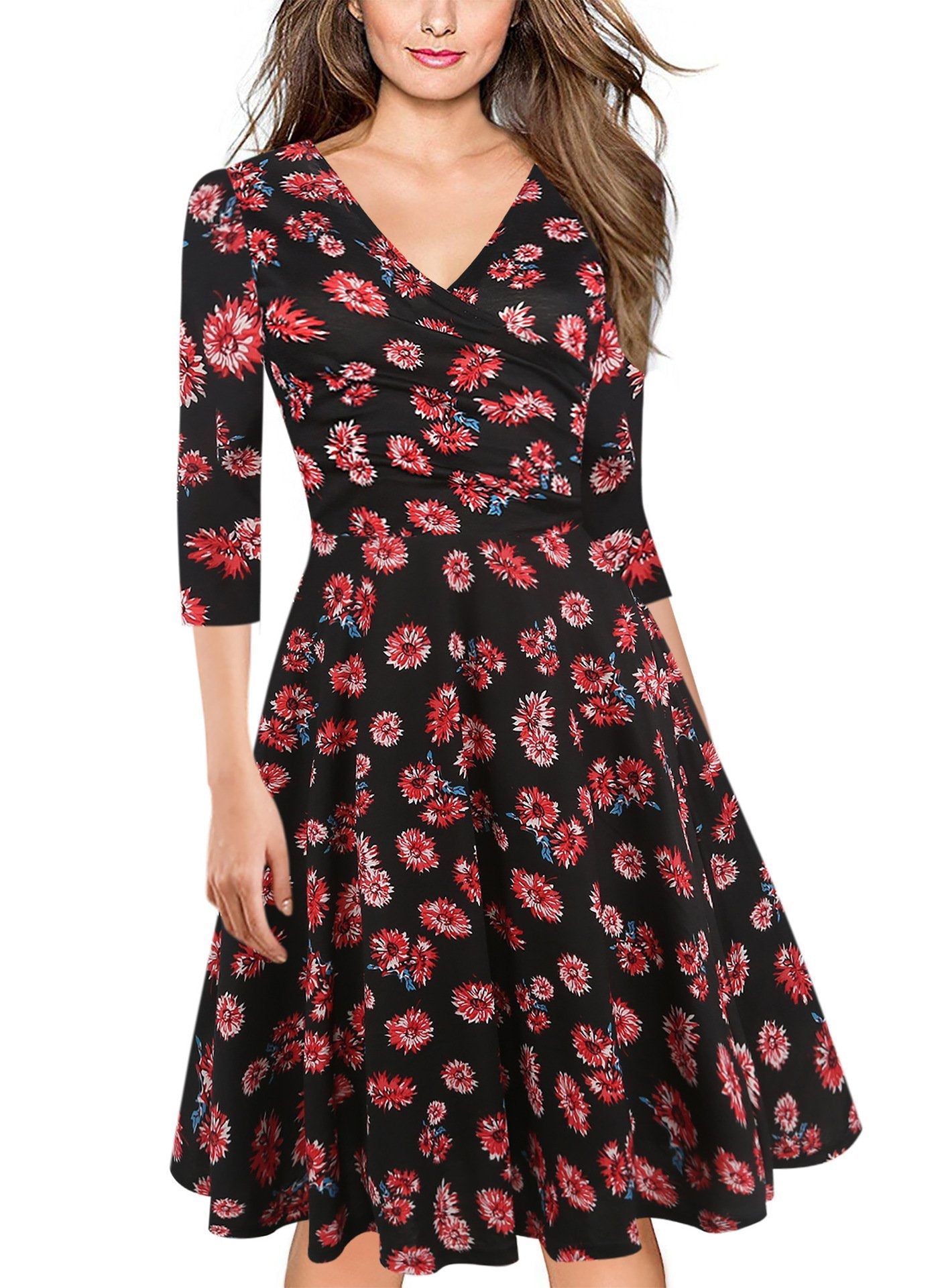 Black Floral Surplice A-Line Dress - THEONE APPAREL