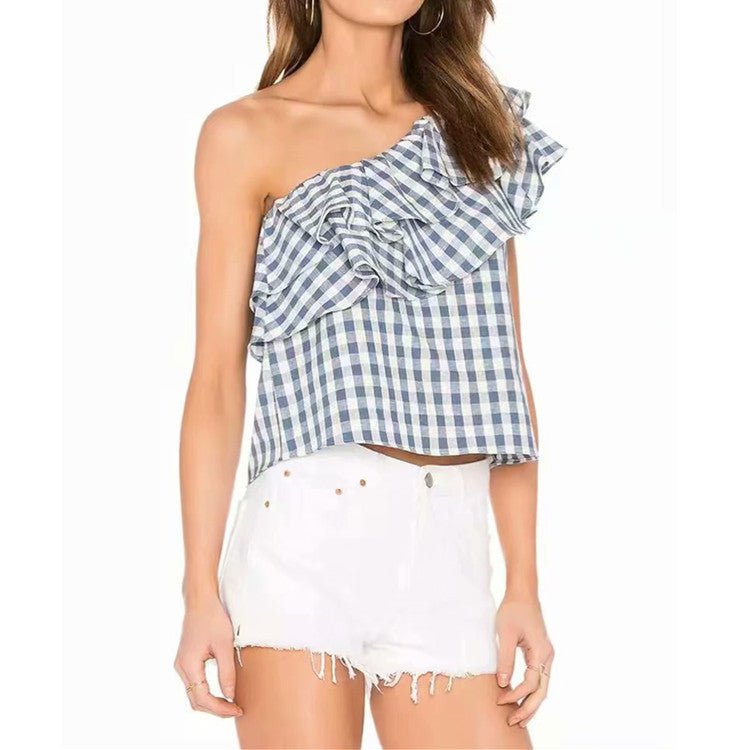 Blue & White Gingham Ruffle Top - THEONE APPAREL