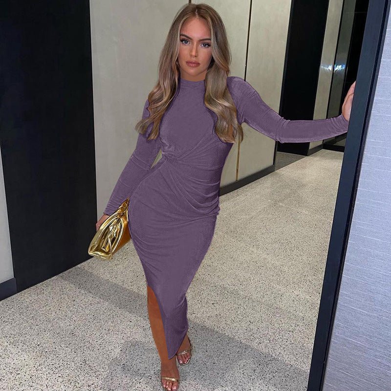 Body Con Long Sleeve Maxi Dress with Thigh Slit - THEONE APPAREL