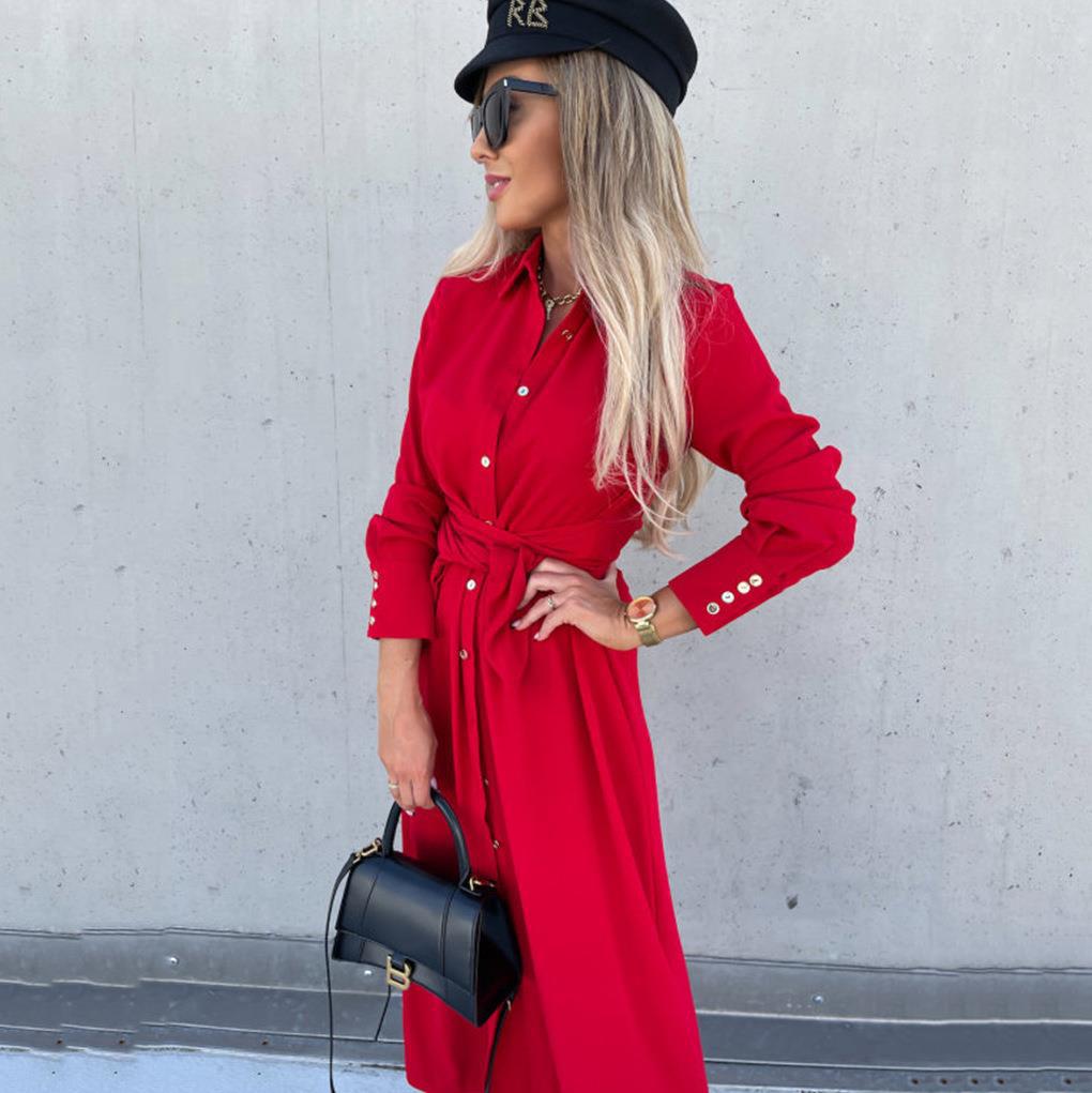 Button Down Long Sleeve Tie Waist Dress - THEONE APPAREL