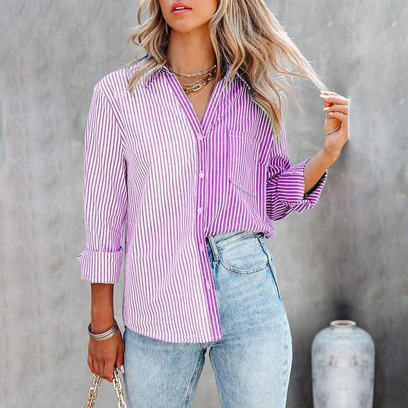 Button Down Vertical Striped Shirt with Breast Pockets - THEONE APPAREL