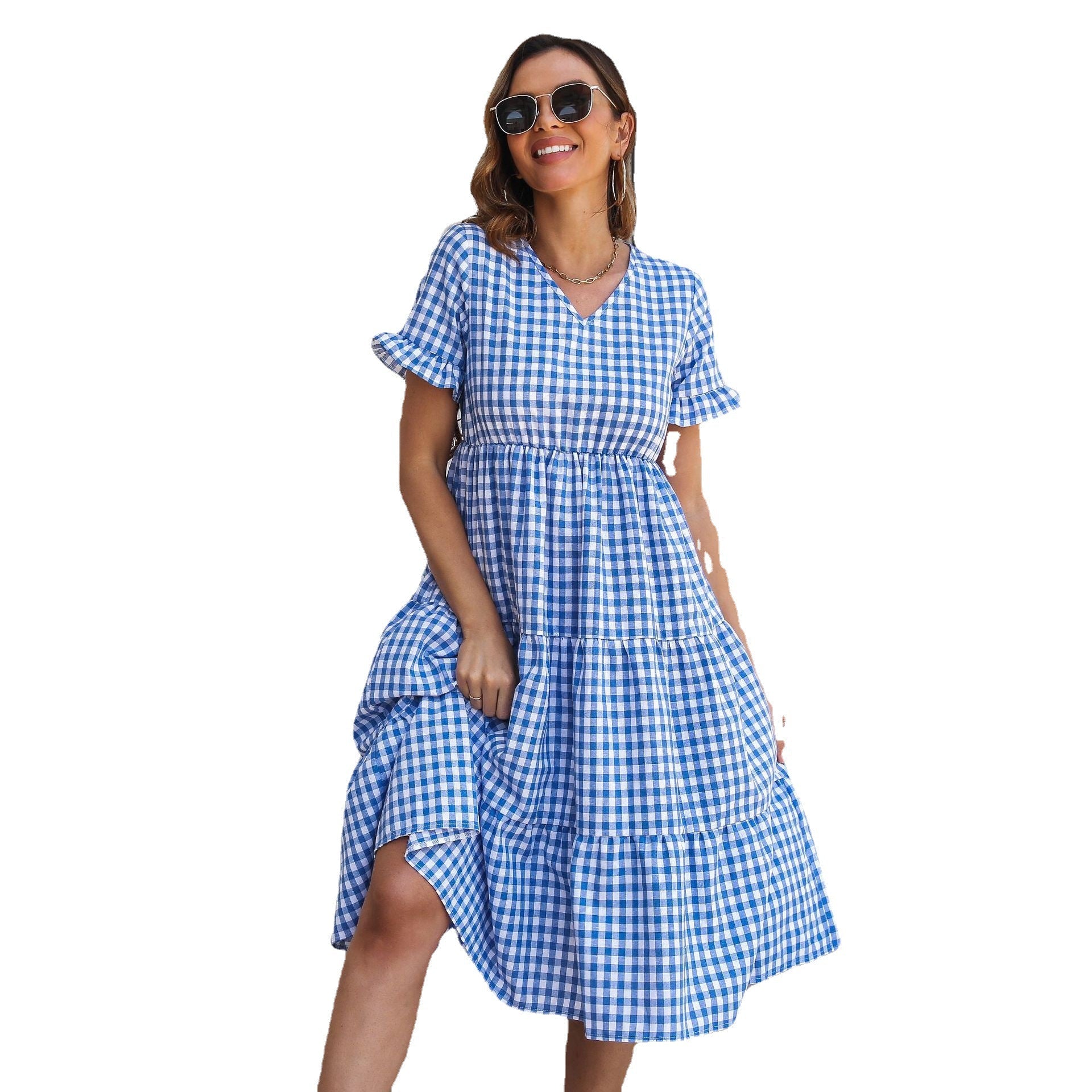 Checked Midi Dress with Tiered Skirt and Short Sleeves - THEONE APPAREL