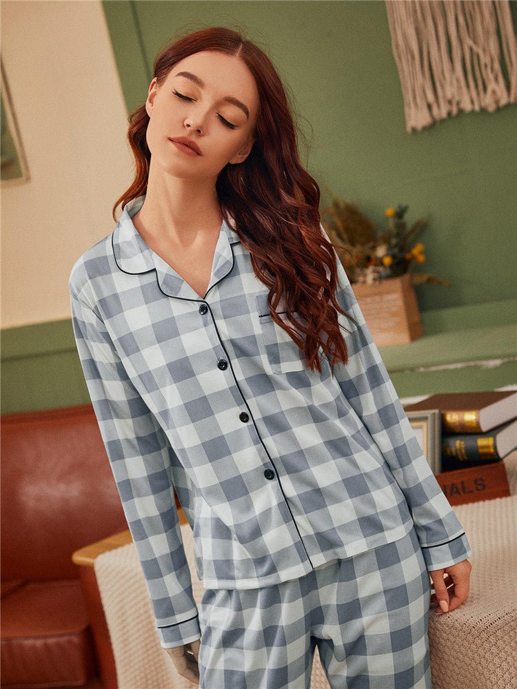 Checkered Pajama Set with Long Sleeve Shirt and Pants - THEONE APPAREL